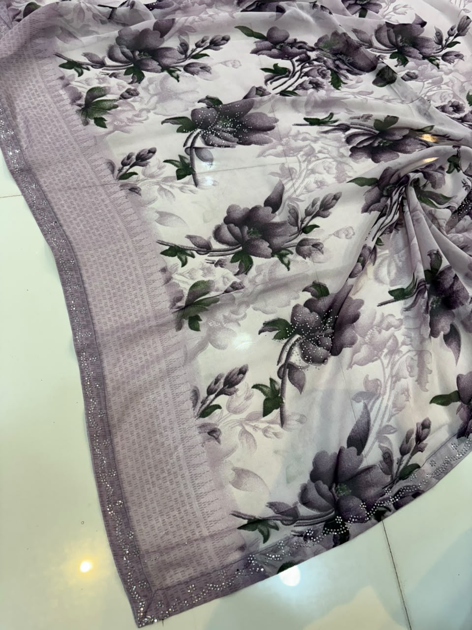 Printed Chiffon Saree with Diamond Work | Soft Lightweight Daily Wear Saree for Women