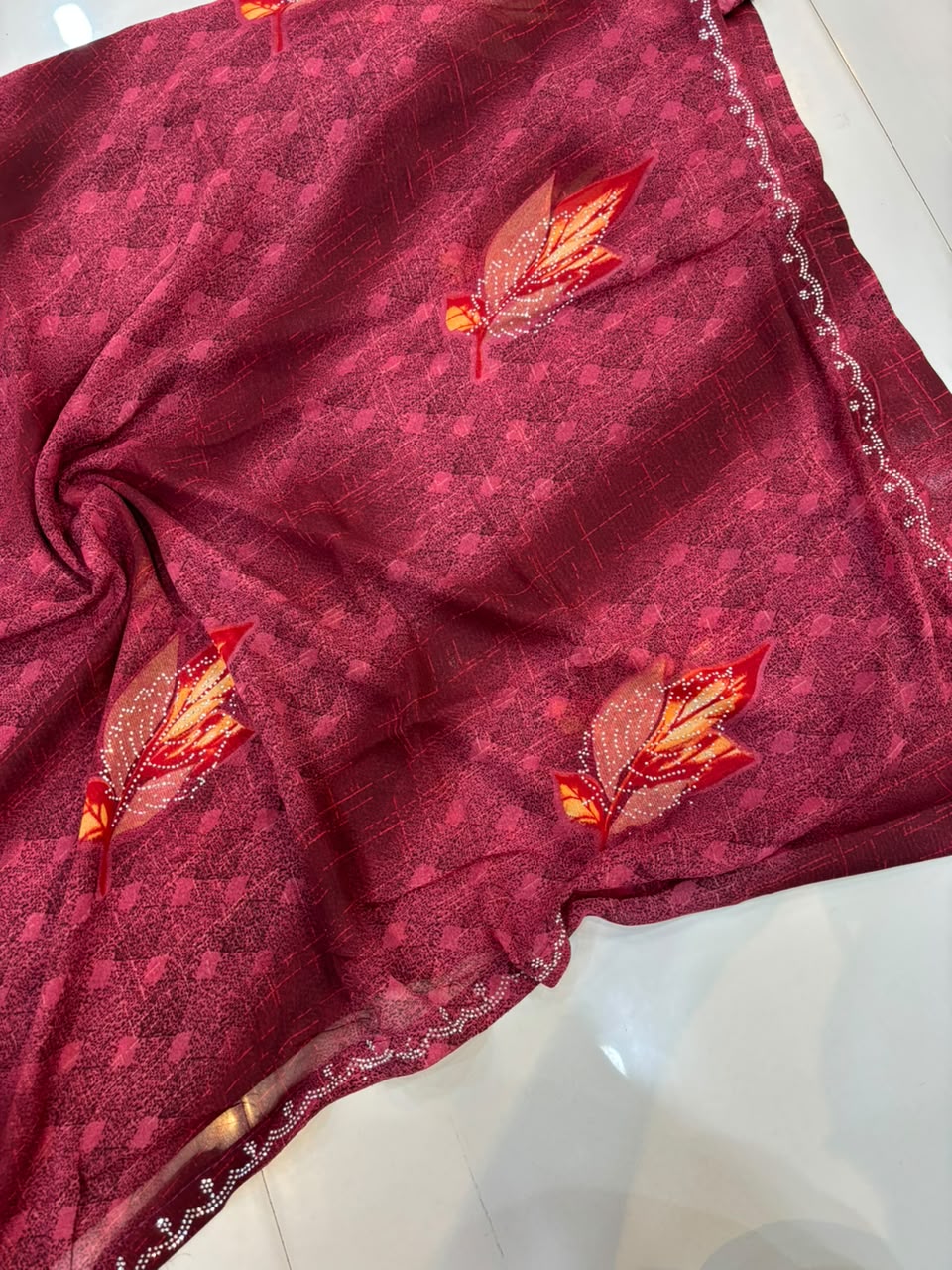 Printed Chiffon Saree with Diamond Work | Soft Lightweight Daily Wear Saree for Women