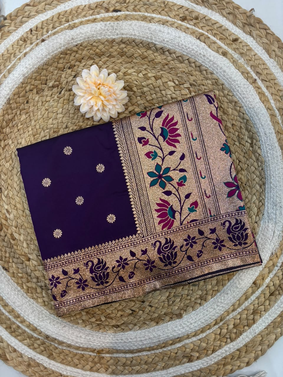 Banarasi Peshwai Silk Saree with Lotus Border | Lightweight Royal Wedding Saree