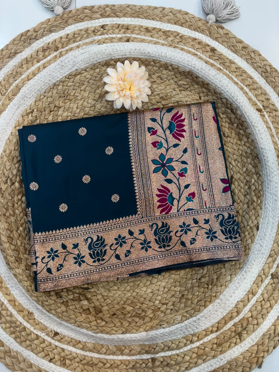 Banarasi Peshwai Silk Saree with Lotus Border | Lightweight Royal Wedding Saree