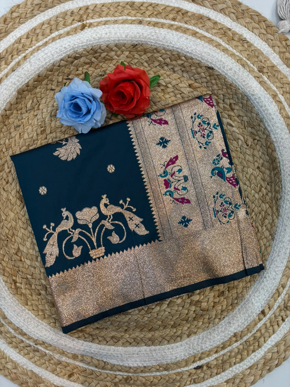 Banarasi Peshwai Silk Saree with Peacock Border | Lightweight Royal Wedding Saree
