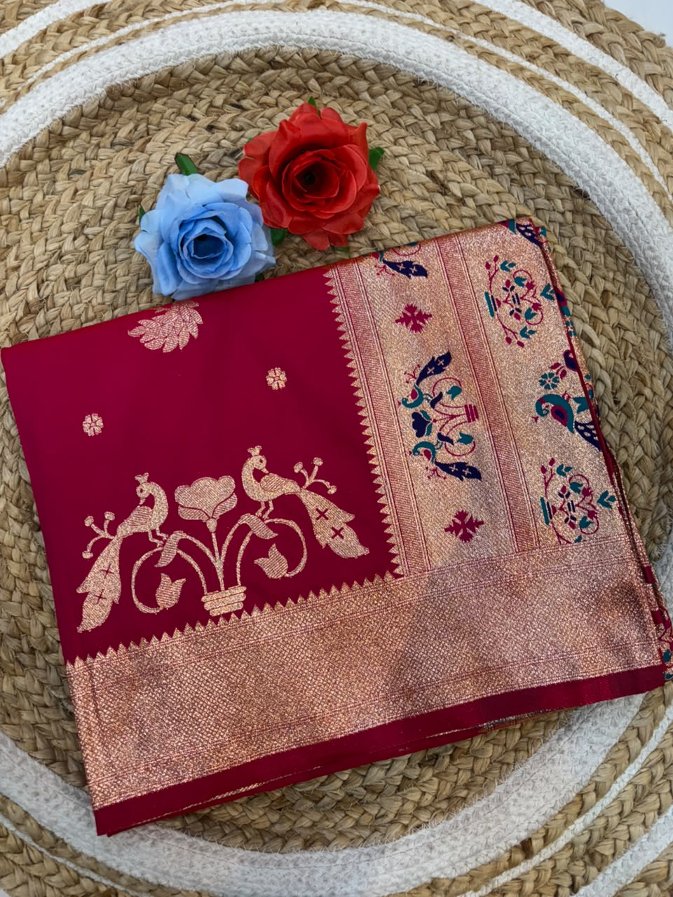 Banarasi Peshwai Silk Saree with Peacock Border | Lightweight Royal Wedding Saree