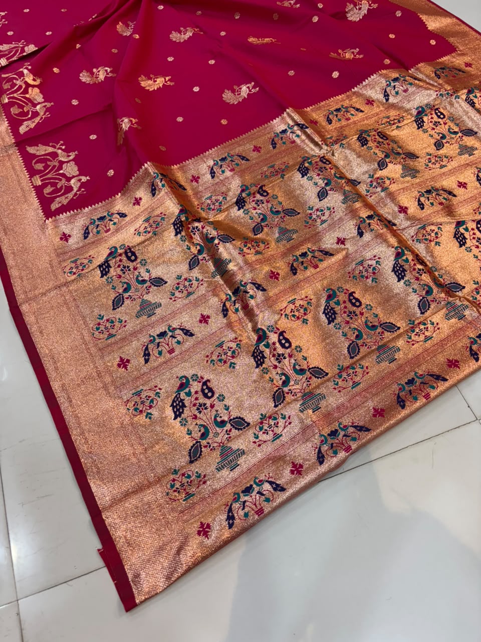 Banarasi Peshwai Silk Saree with Peacock Border | Lightweight Royal Wedding Saree