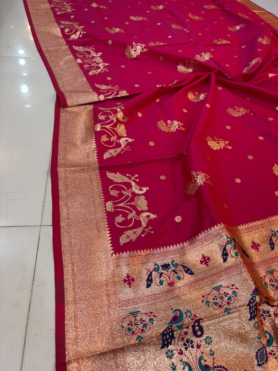 Banarasi Peshwai Silk Saree with Peacock Border | Lightweight Royal Wedding Saree