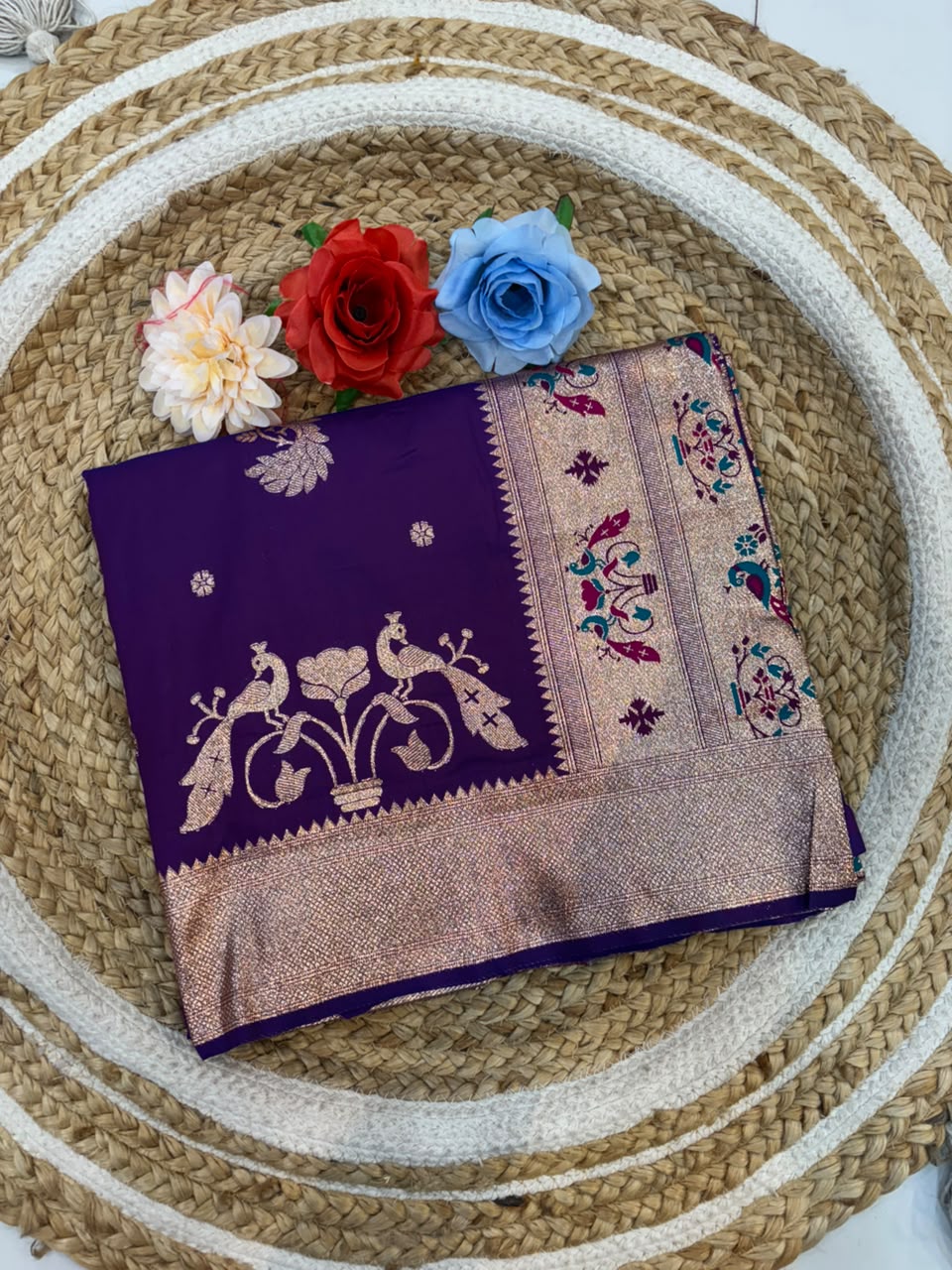 Banarasi Peshwai Silk Saree with Peacock Border | Lightweight Royal Wedding Saree