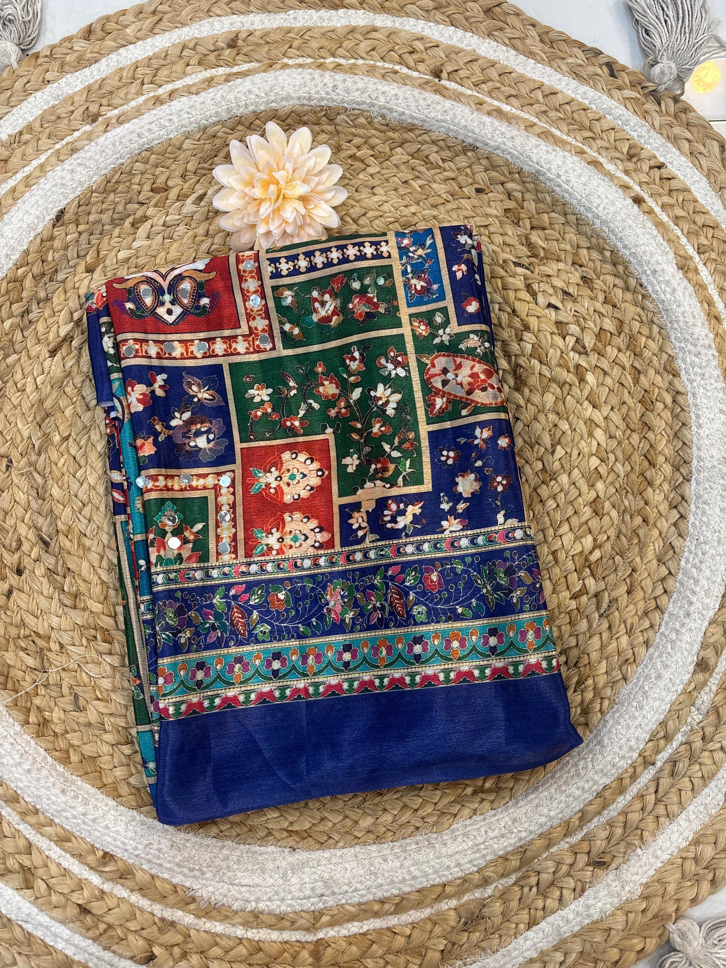 Ajrakh Print Real Mirror Work Fancy Party Wear Saree