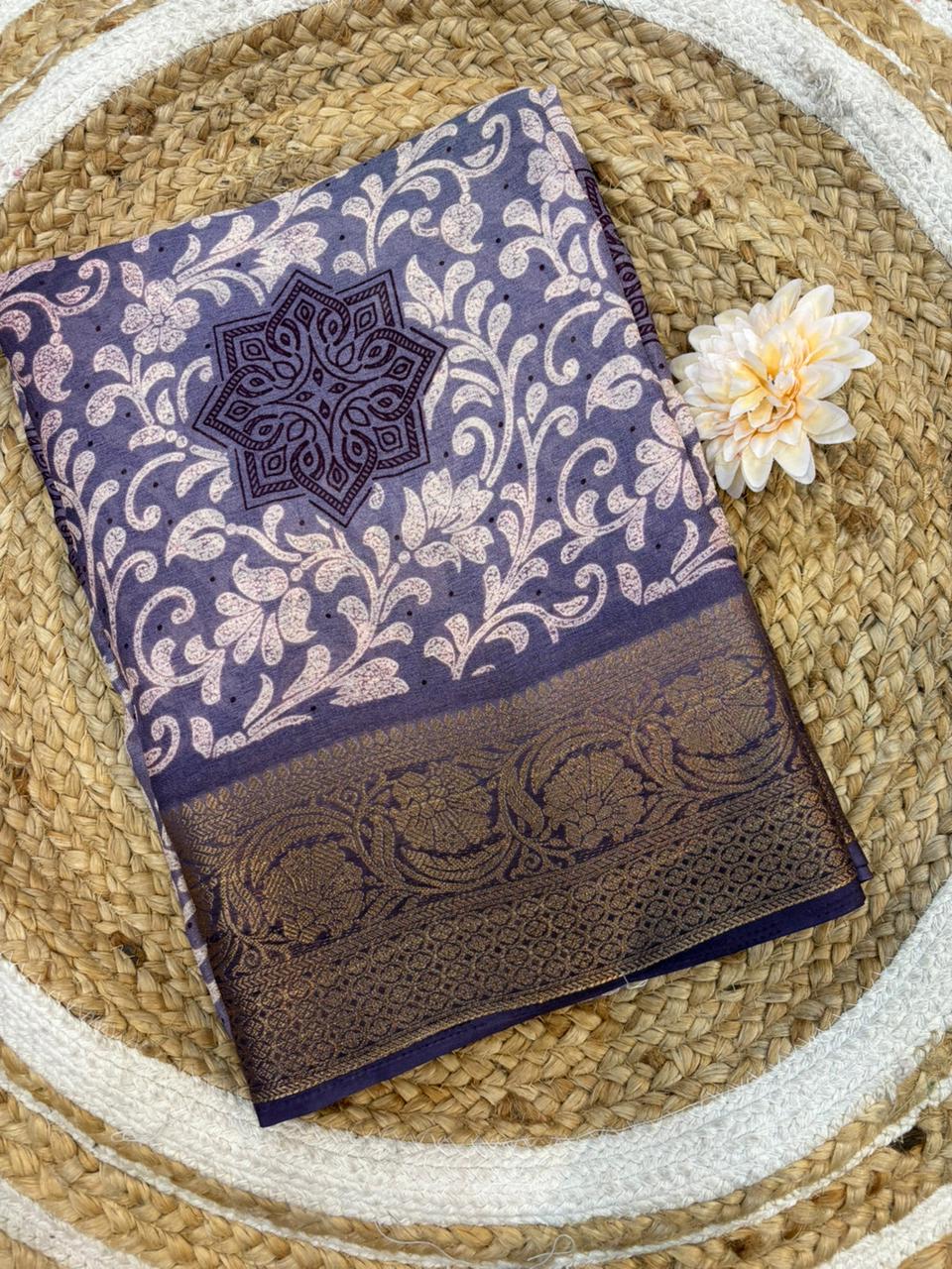 Bangalori Silk Moss Mellow Saree with Traditional Kanjivaram Border