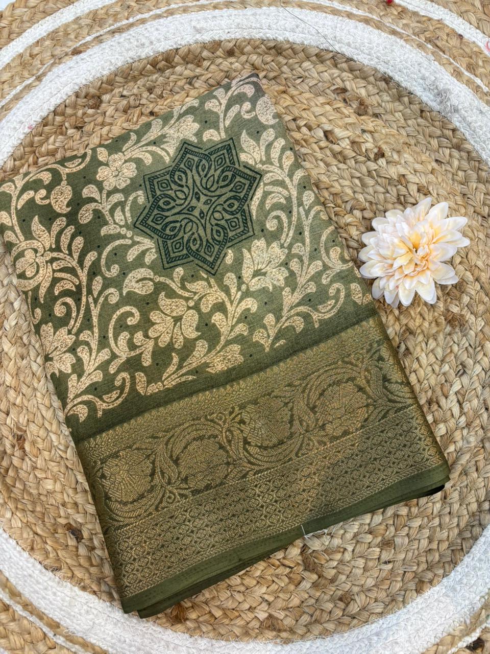Bangalori Silk Moss Mellow Saree with Traditional Kanjivaram Border