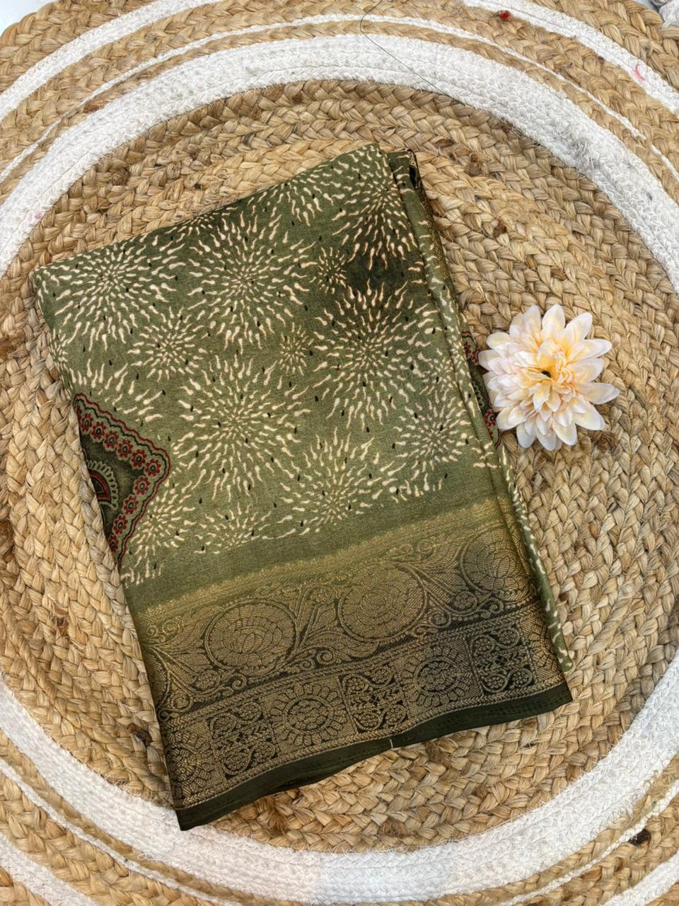 Bangalori Silk Moss Mellow Saree with Traditional Kanjivaram Border