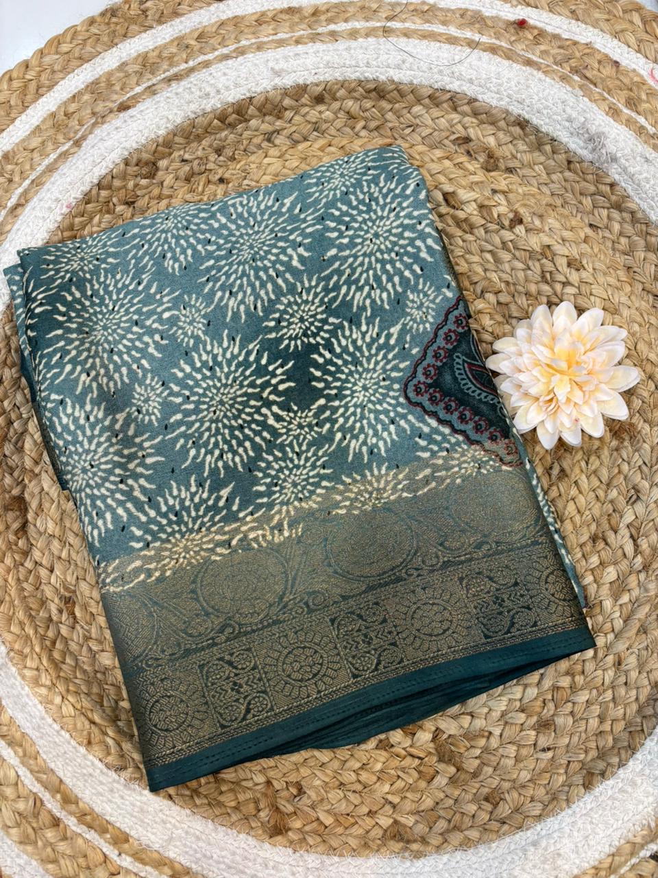 Bangalori Silk Moss Mellow Saree with Traditional Kanjivaram Border