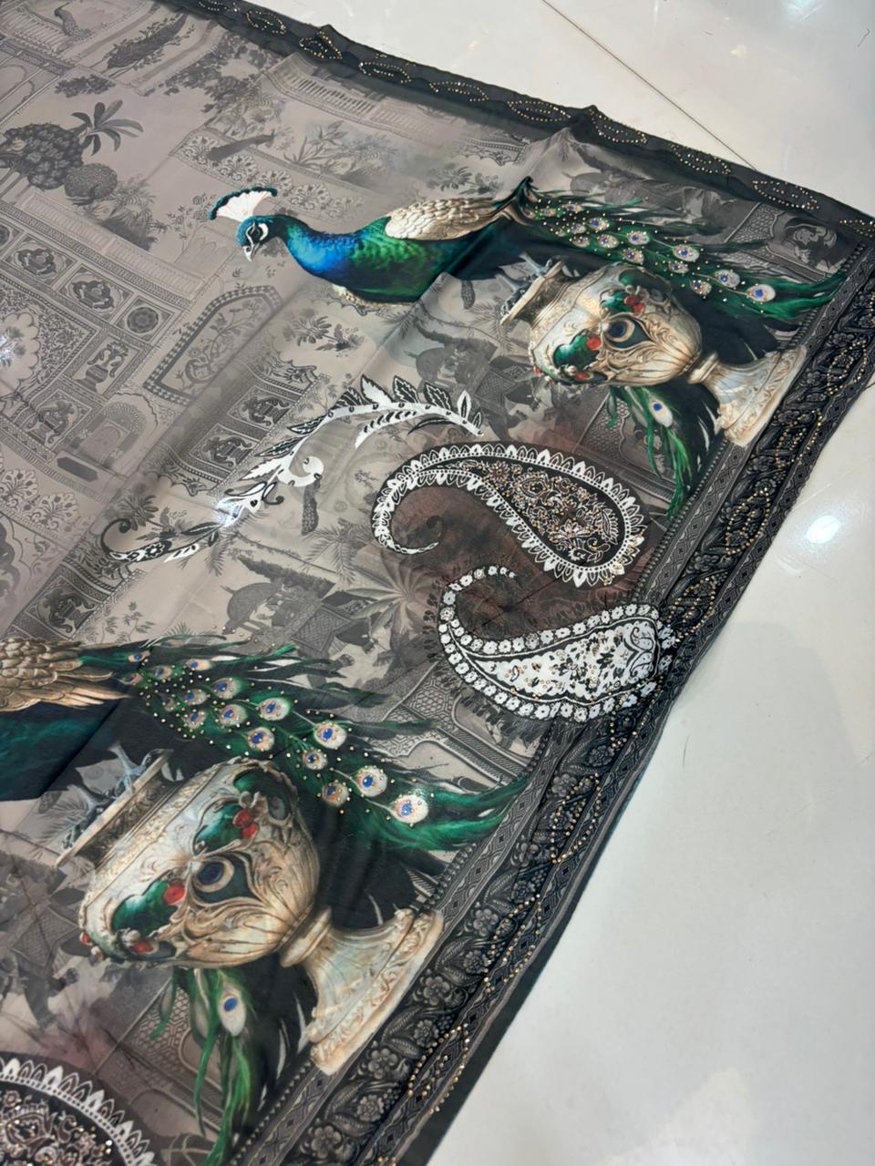 Pure Georgette Digital Print Saree with Diamond Work – Soft & Feather Light