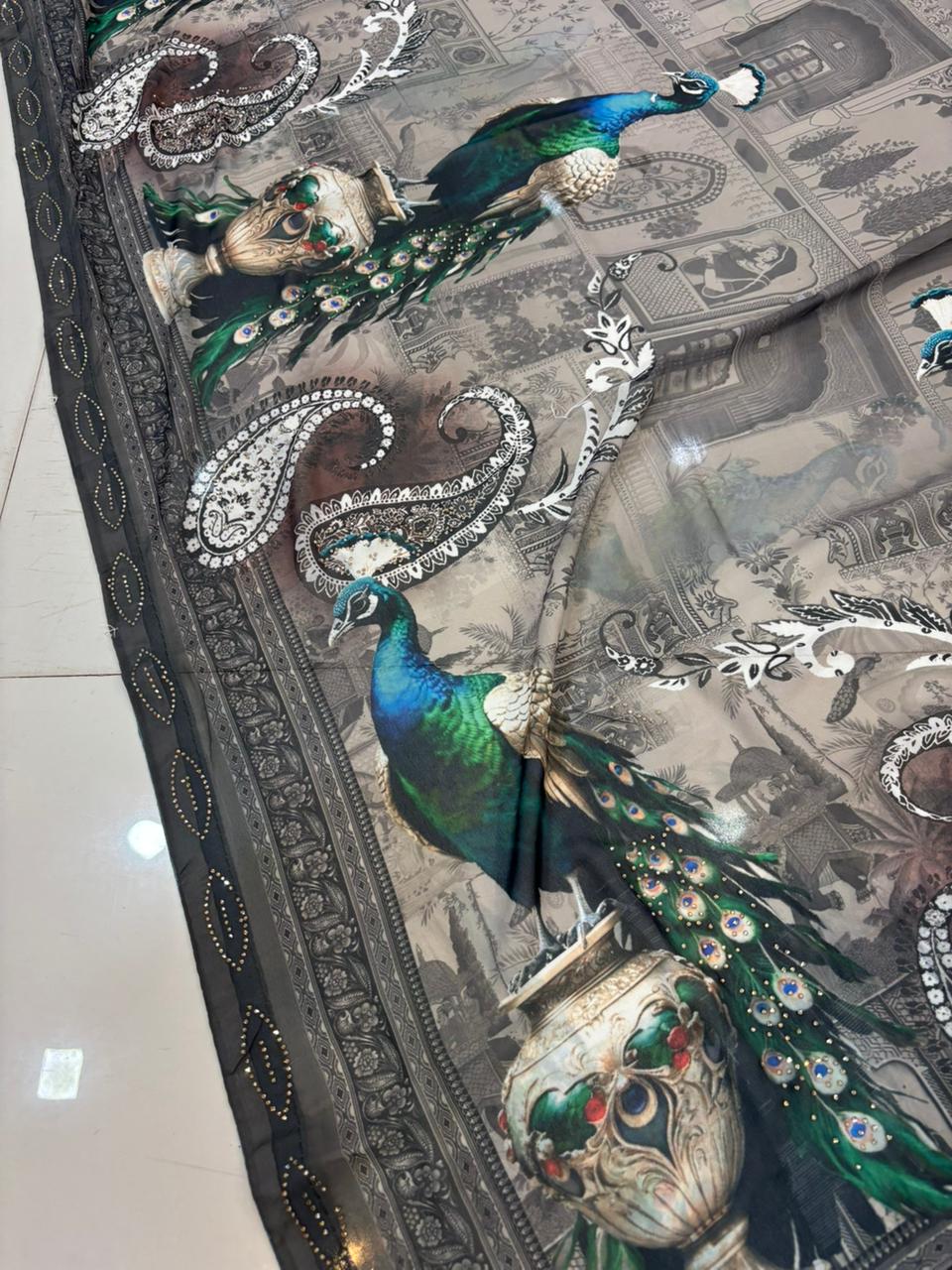 Pure Georgette Digital Print Saree with Diamond Work – Soft & Feather Light