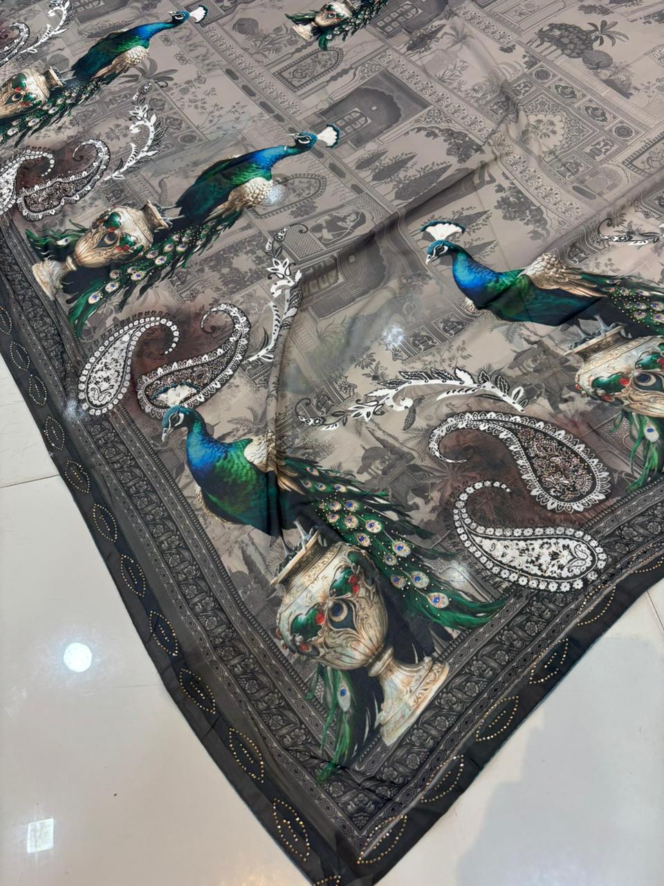 Pure Georgette Digital Print Saree with Diamond Work – Soft & Feather Light