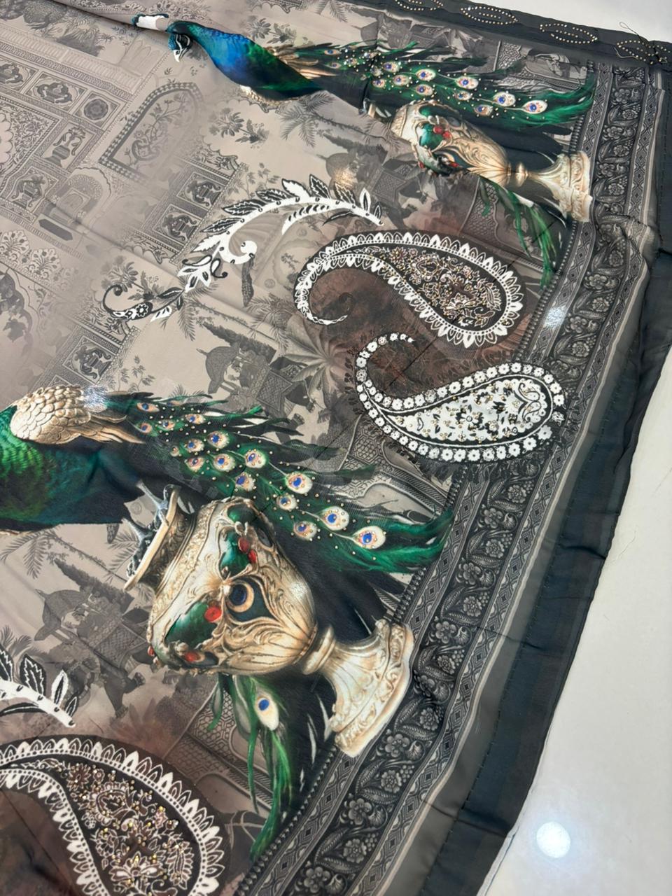 Pure Georgette Digital Print Saree with Diamond Work – Soft & Feather Light