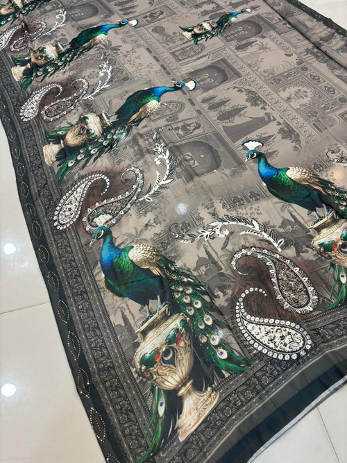 Pure Georgette Digital Print Saree with Diamond Work – Soft & Feather Light