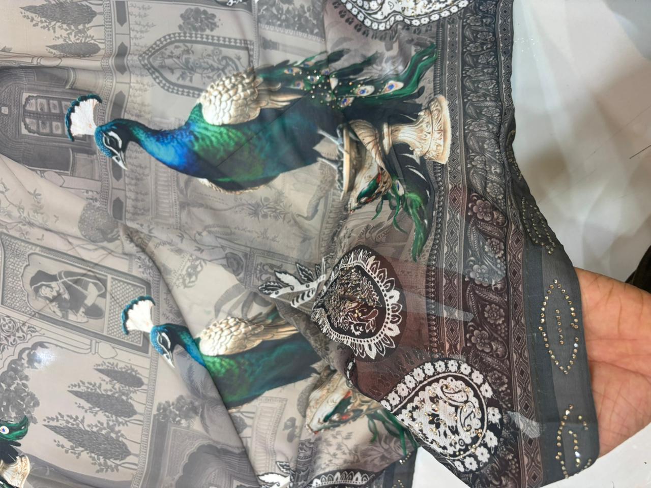 Pure Georgette Digital Print Saree with Diamond Work – Soft & Feather Light