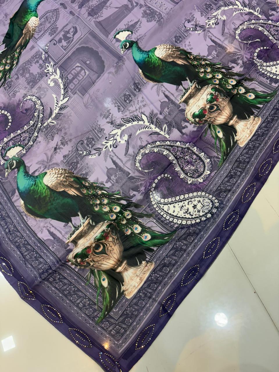 Pure Georgette Digital Print Saree with Diamond Work – Soft & Feather Light