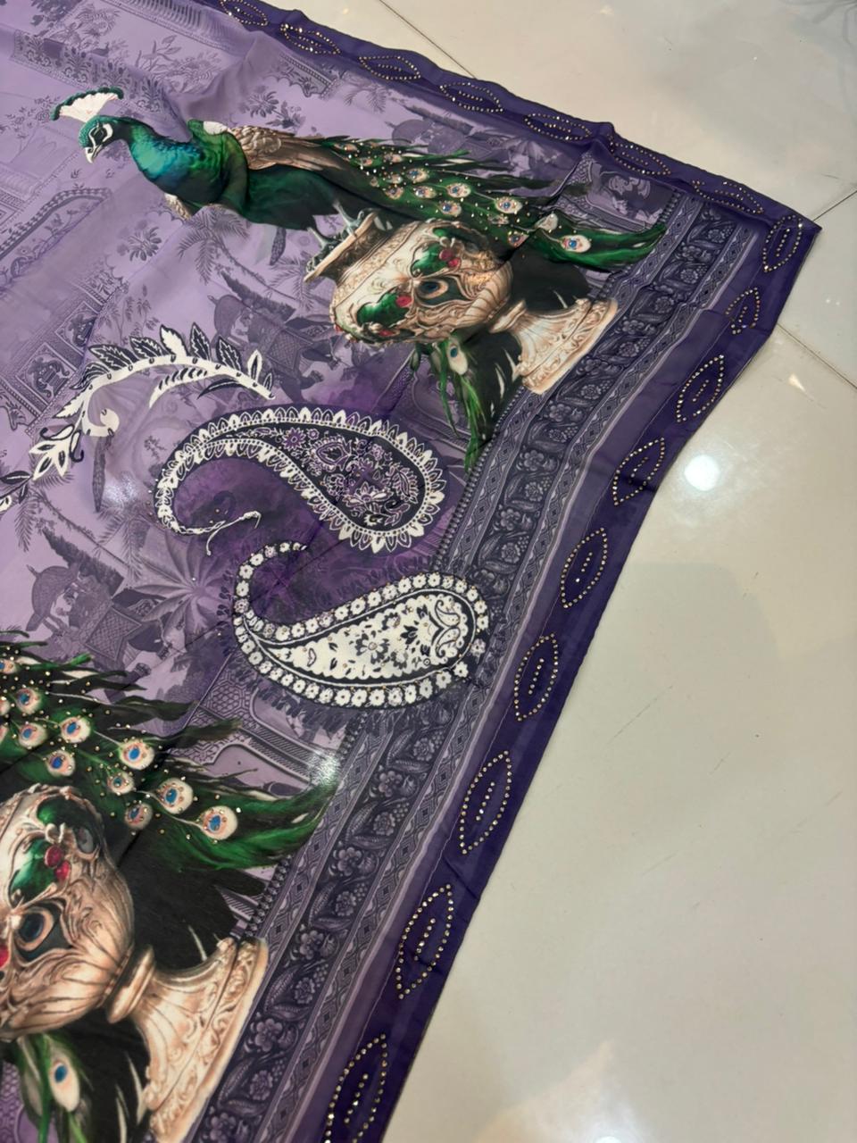 Pure Georgette Digital Print Saree with Diamond Work – Soft & Feather Light