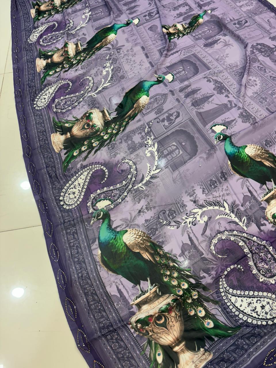 Pure Georgette Digital Print Saree with Diamond Work – Soft & Feather Light