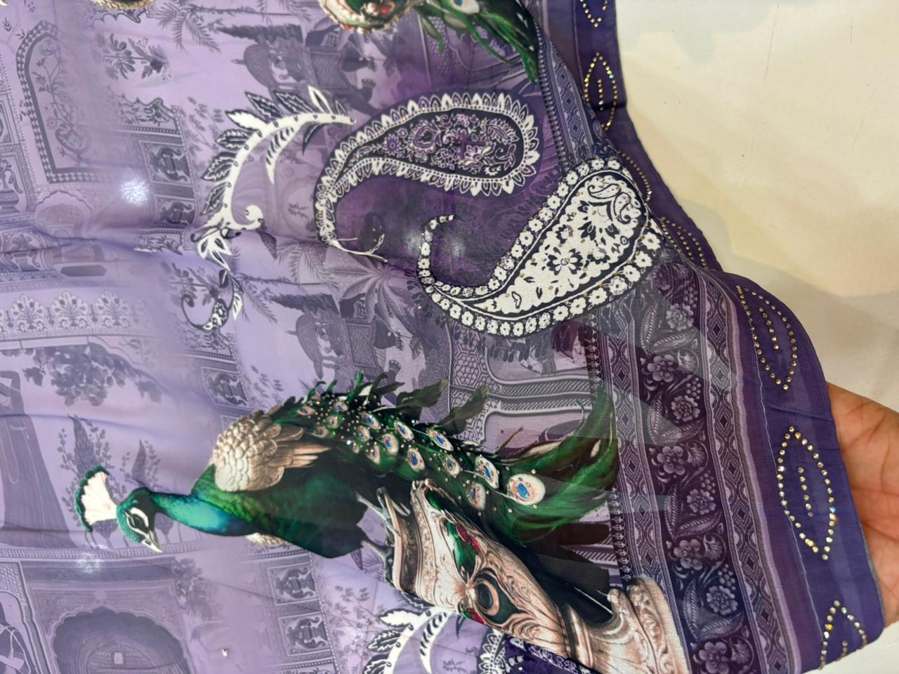 Pure Georgette Digital Print Saree with Diamond Work – Soft & Feather Light