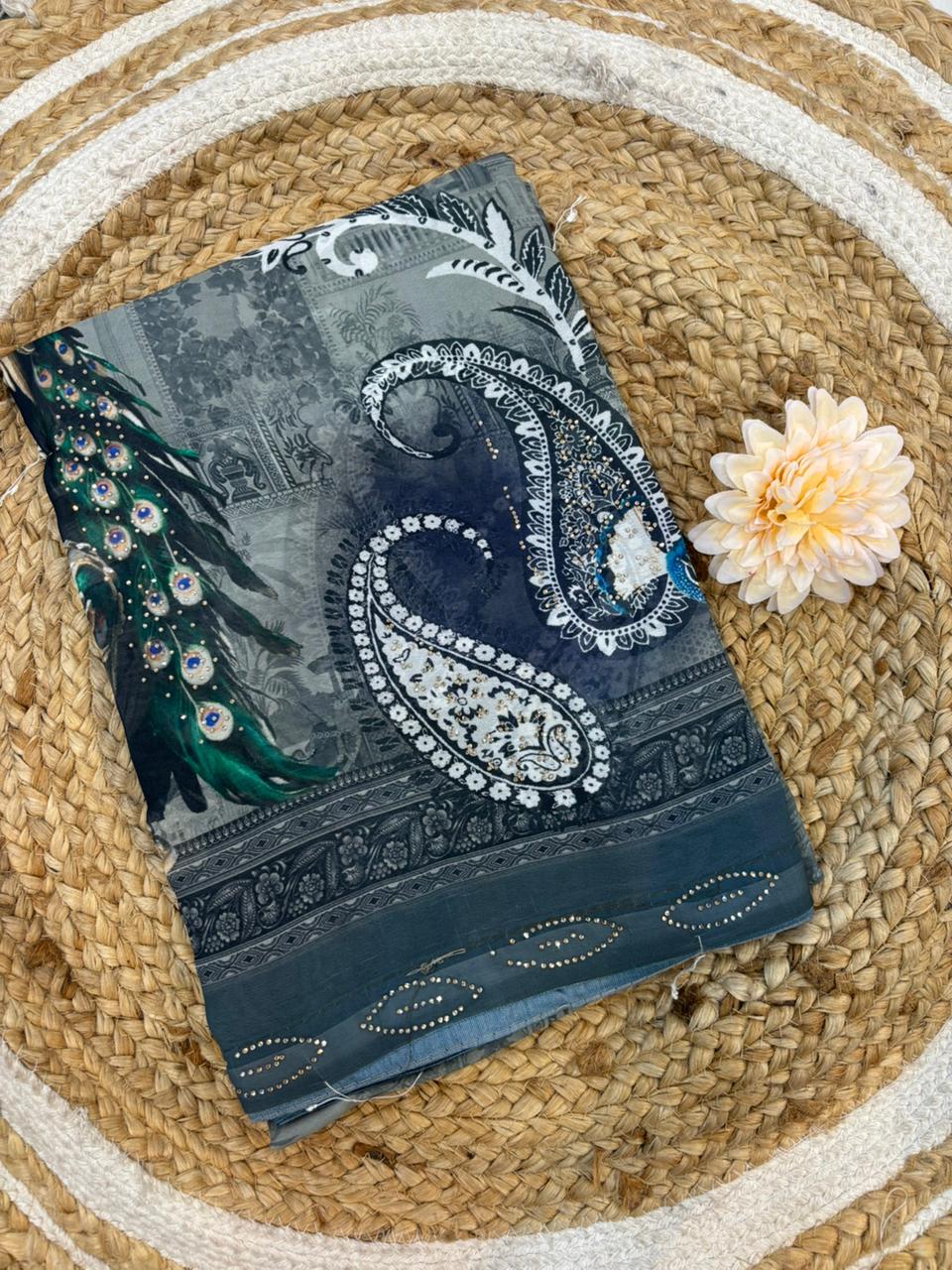Pure Georgette Digital Print Saree with Diamond Work – Soft & Feather Light
