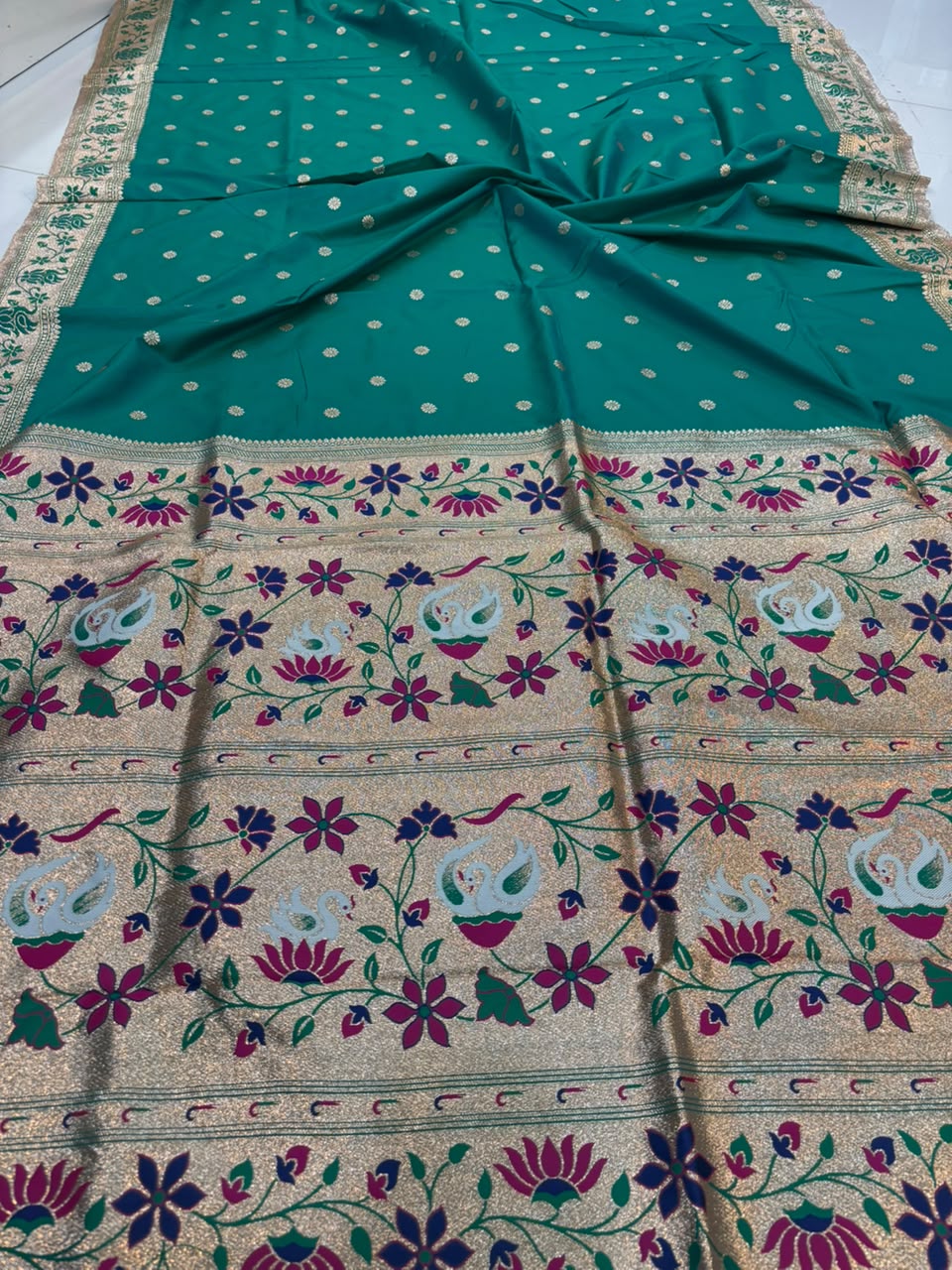 Banarasi Peshwai Silk Saree with Lotus Border | Lightweight Royal Wedding Saree