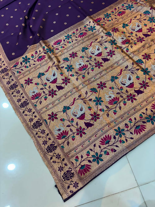 Banarasi Peshwai Silk Saree with Lotus Border | Lightweight Royal Wedding Saree