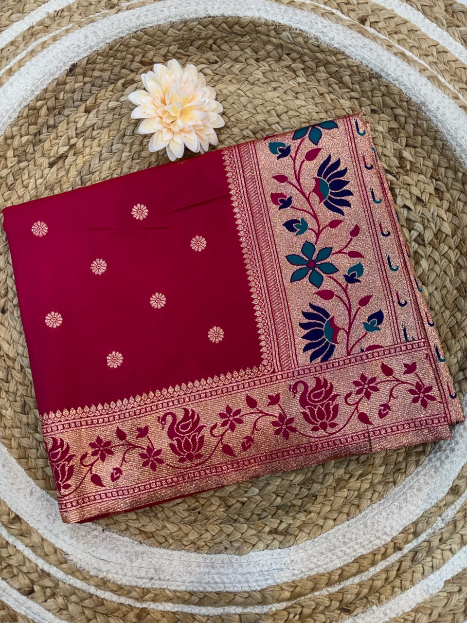 Banarasi Peshwai Silk Saree with Lotus Border | Lightweight Royal Wedding Saree