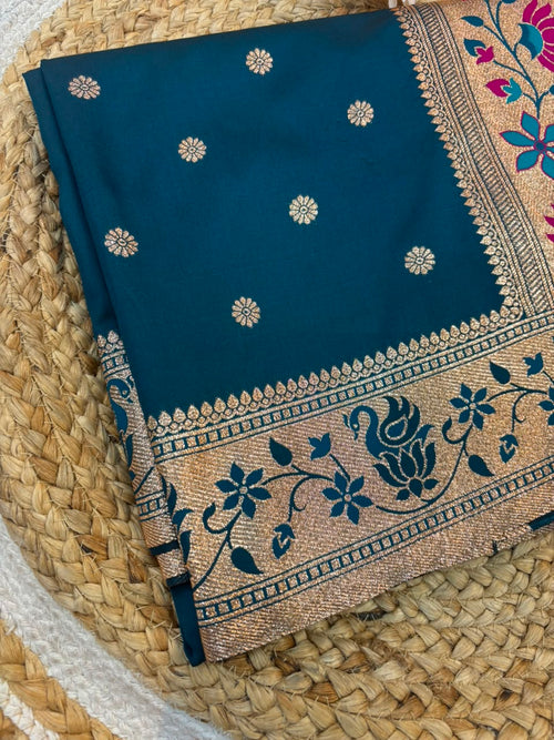 Banarasi Peshwai Silk Saree with Lotus Border | Lightweight Royal Wedding Saree