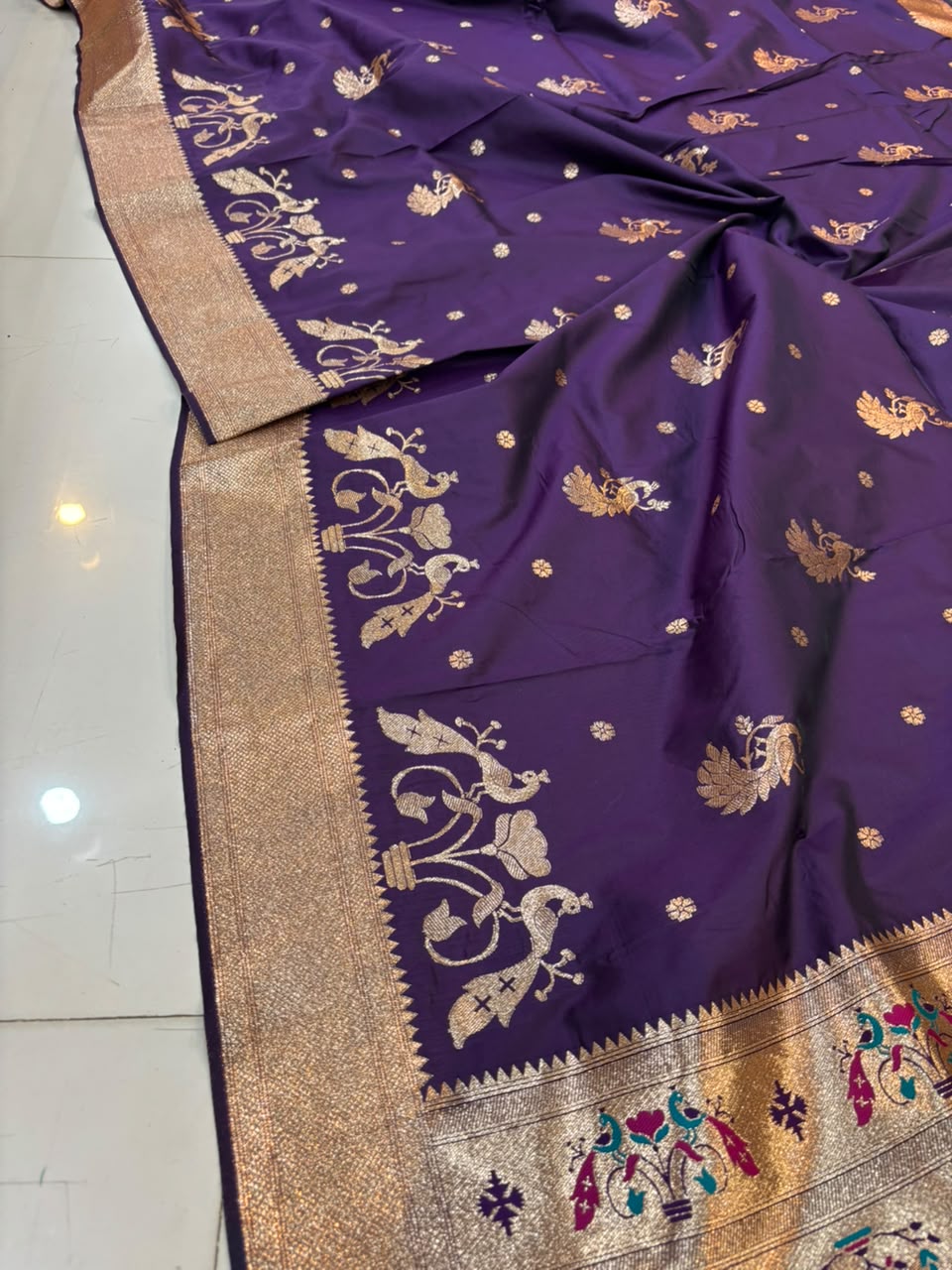 Banarasi Peshwai Silk Saree with Peacock Border | Lightweight Royal Wedding Saree