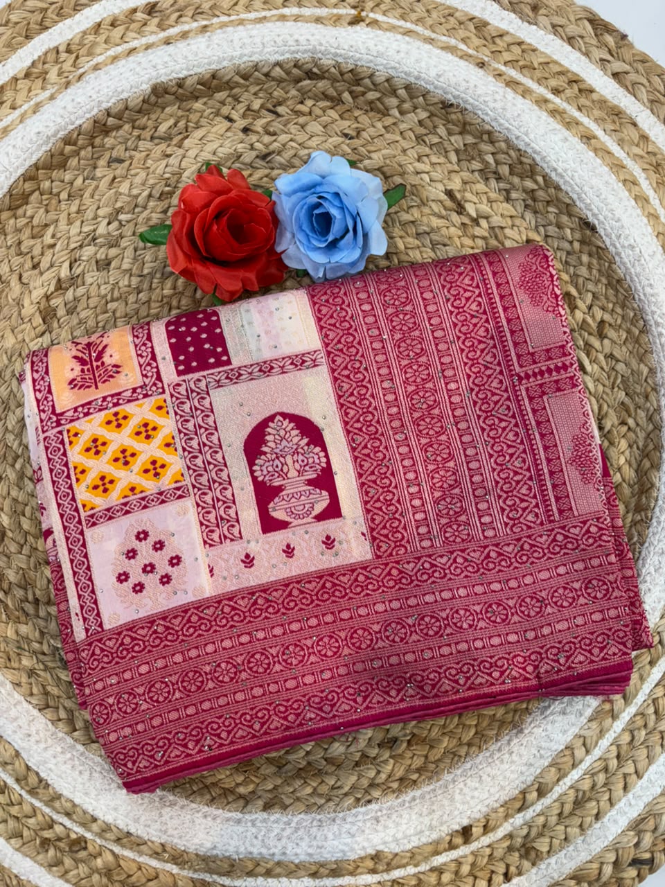 Rajasthani Handloom Silk Saree with Diamond & Embroidery Work
