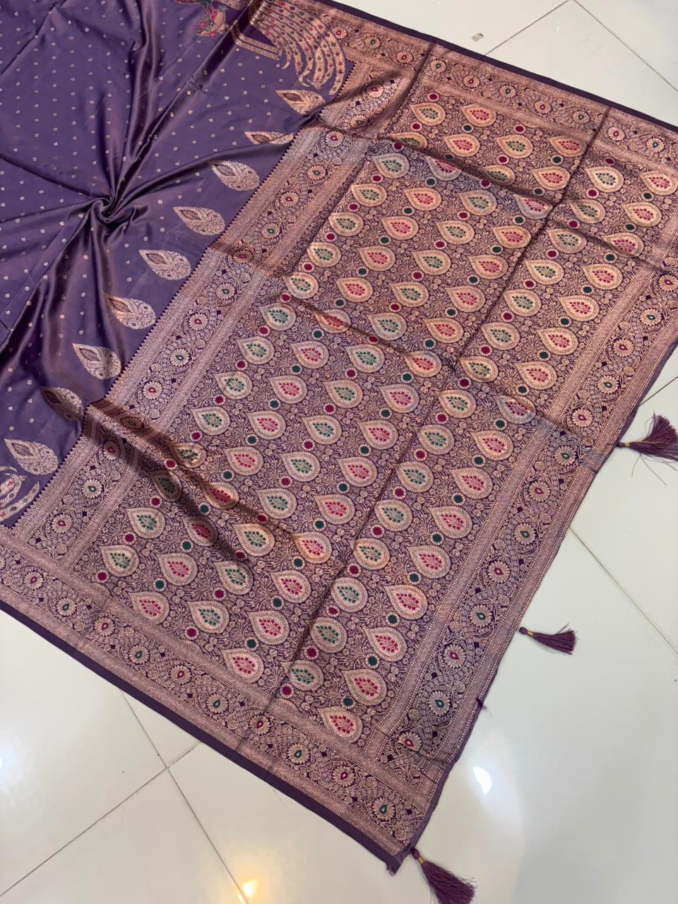 Meenakari Satin Silk Saree for Women | Rich Banarasi Style Lightweight Saree with Full Machine Work