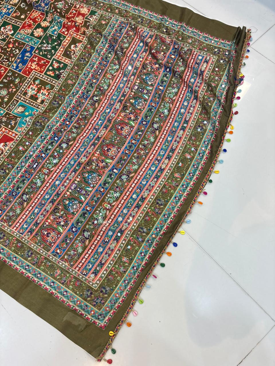 Ajrakh Print Real Mirror Work Fancy Party Wear Saree