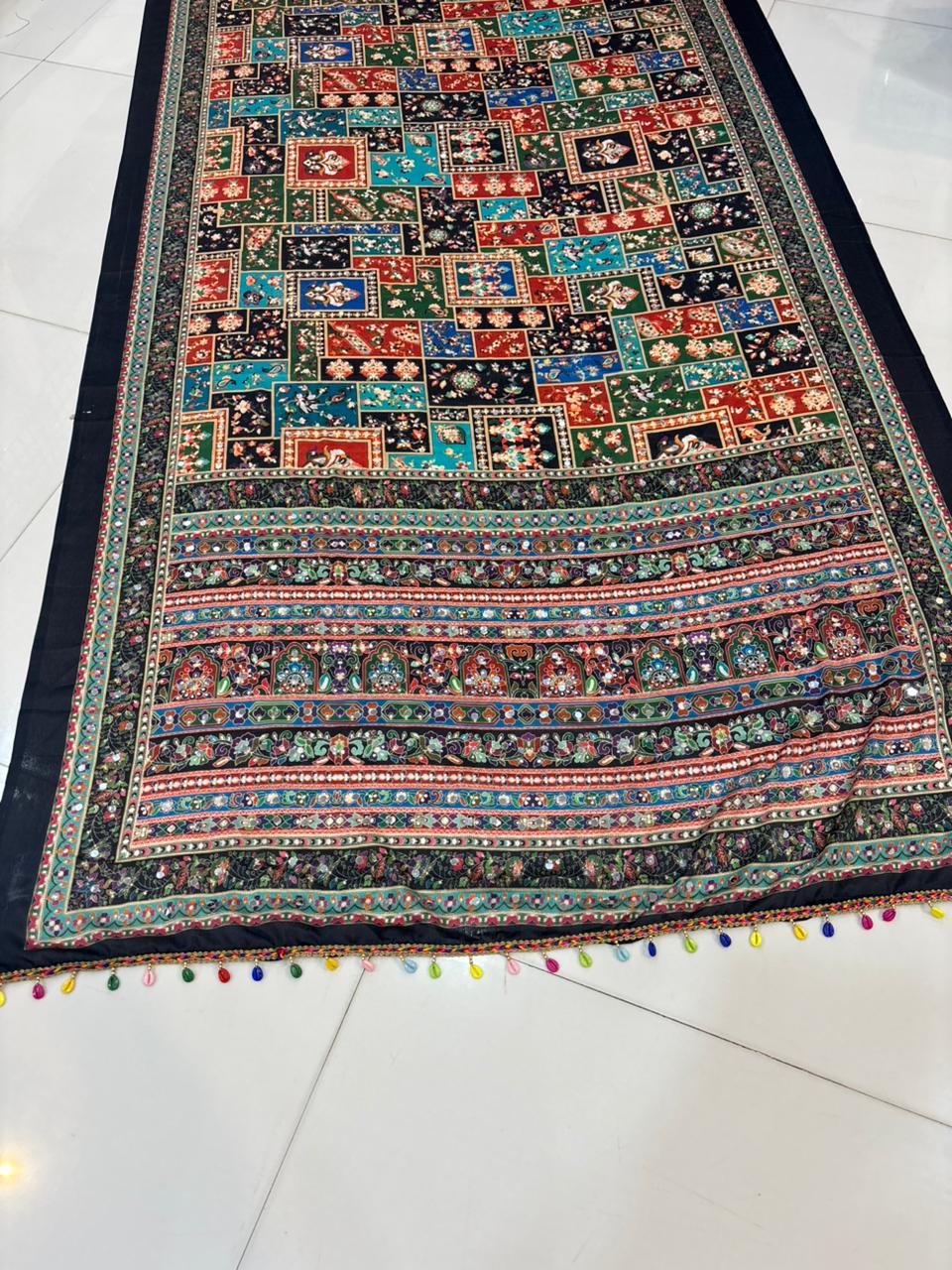 Ajrakh Print Real Mirror Work Fancy Party Wear Saree