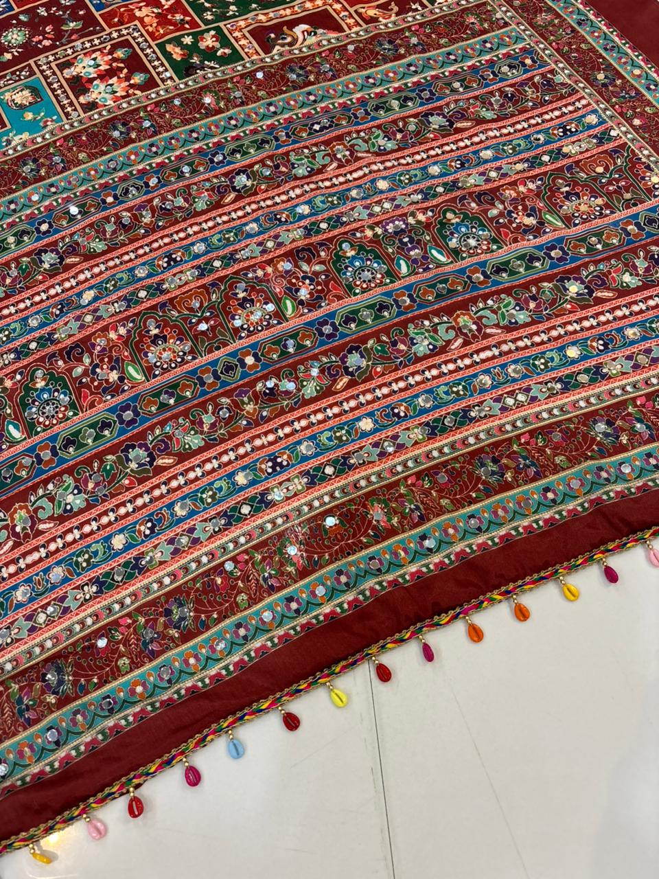 Ajrakh Print Real Mirror Work Fancy Party Wear Saree