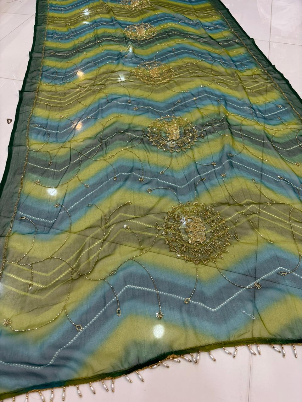 Handwork Darbari Fancy Saree with Real Moti & Diamond Embroidery