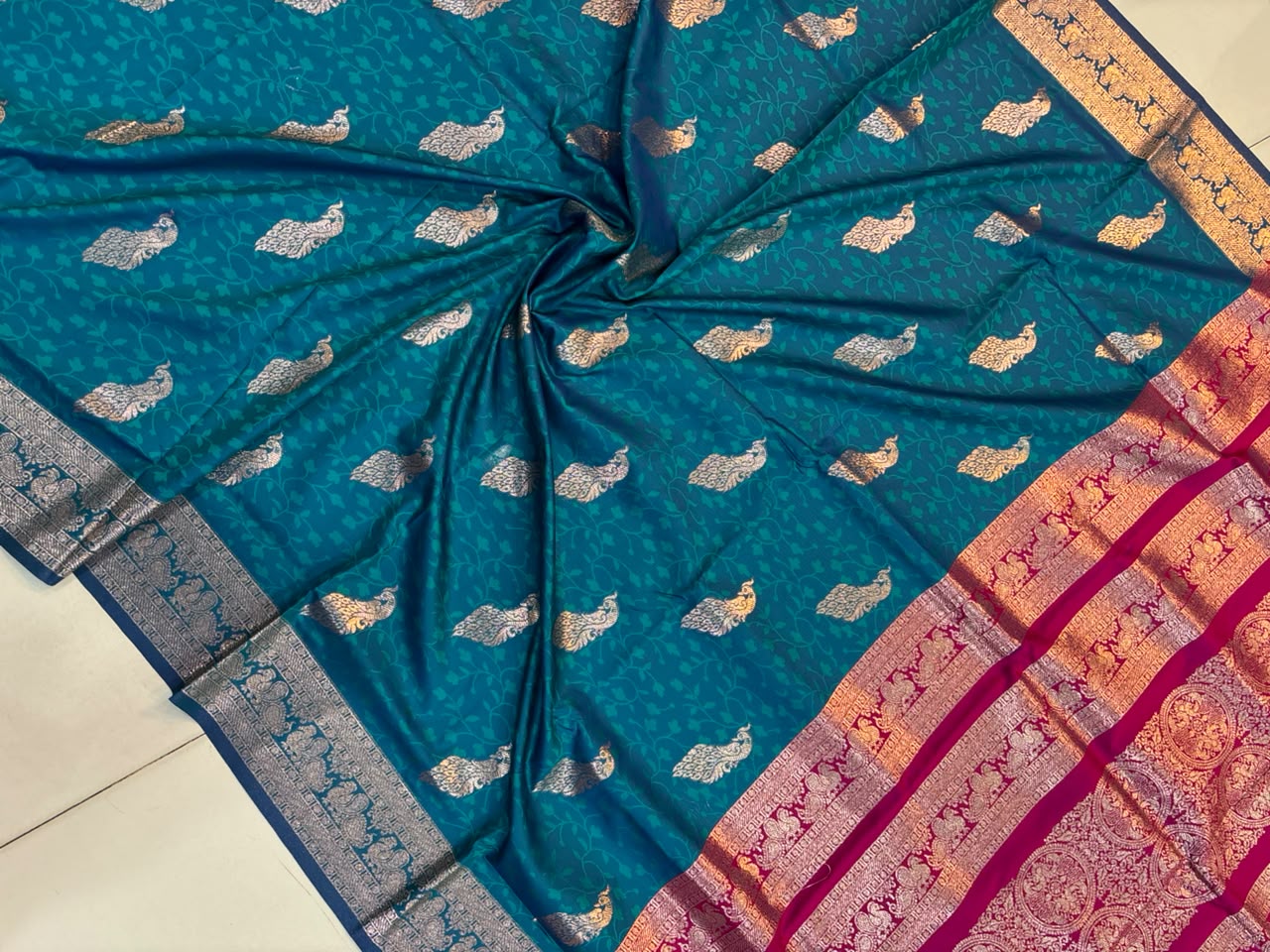 Soft Banarasi Silk Dhoop Chao Paithani Saree | Silver Chanderi Weaving