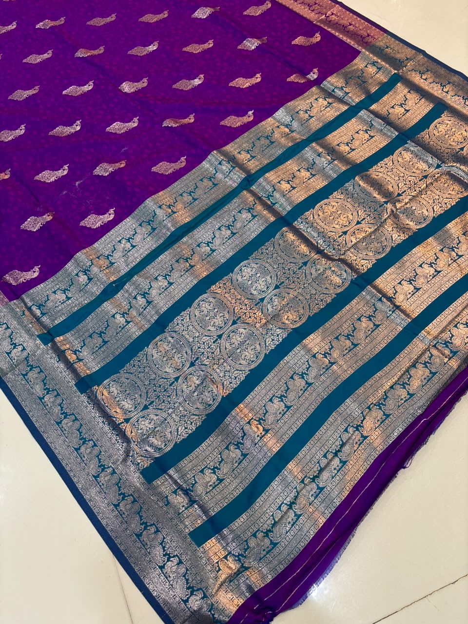 Soft Banarasi Silk Dhoop Chao Paithani Saree | Silver Chanderi Weaving