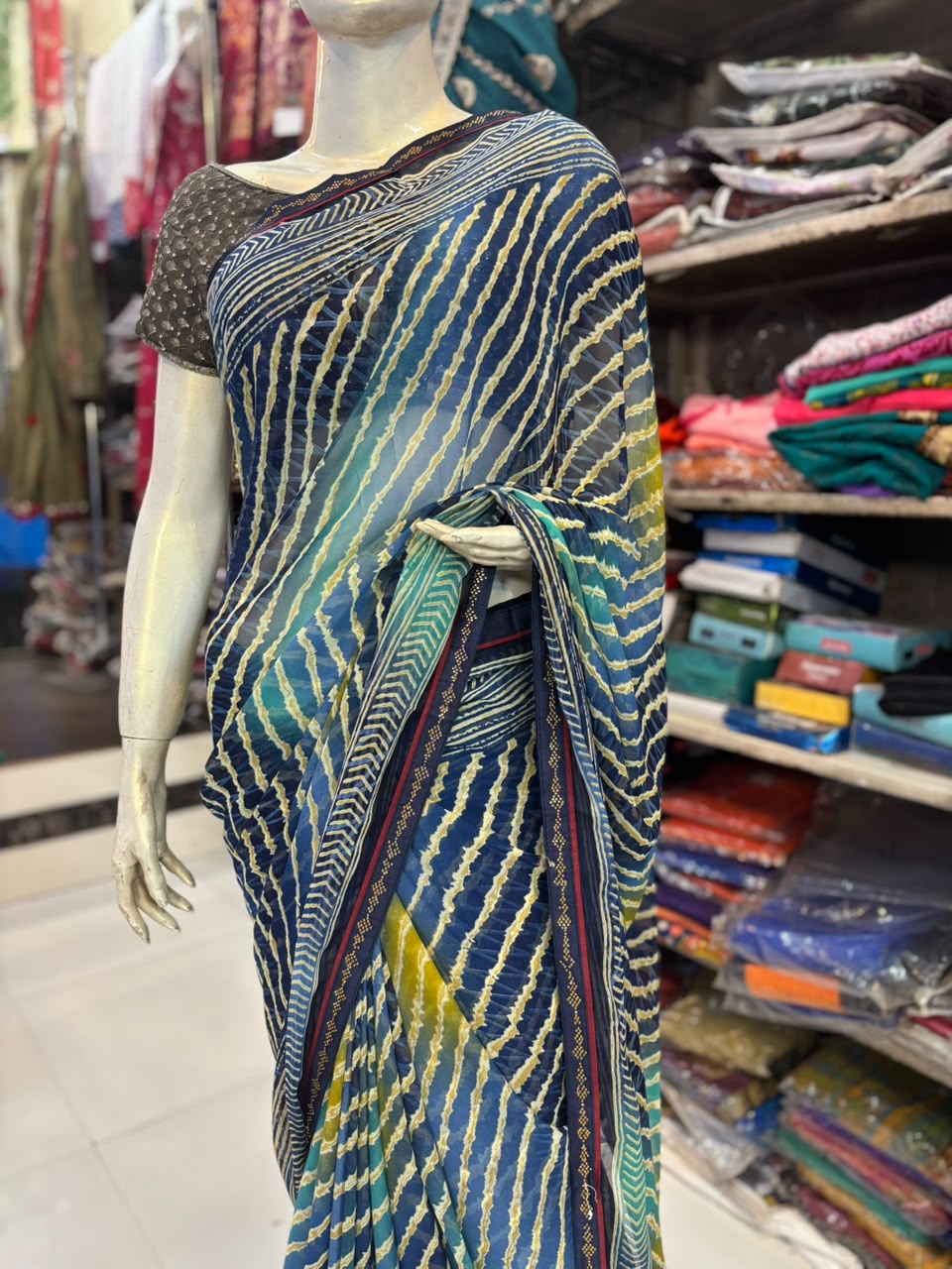 Lehariya Multicolor Printed Saree with Handwork Diamond Work | Lightweight Saree