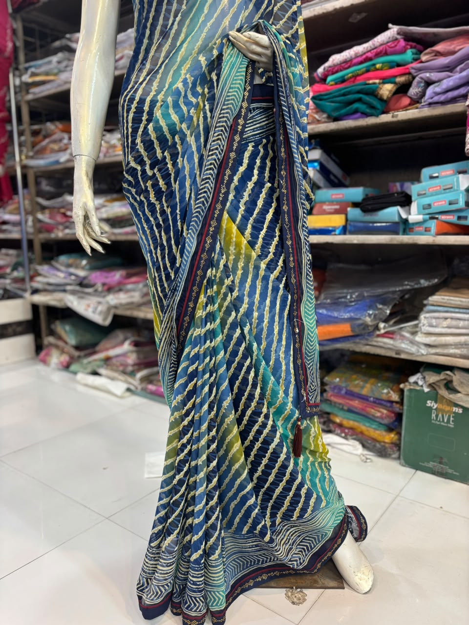 Lehariya Multicolor Printed Saree with Handwork Diamond Work | Lightweight Saree