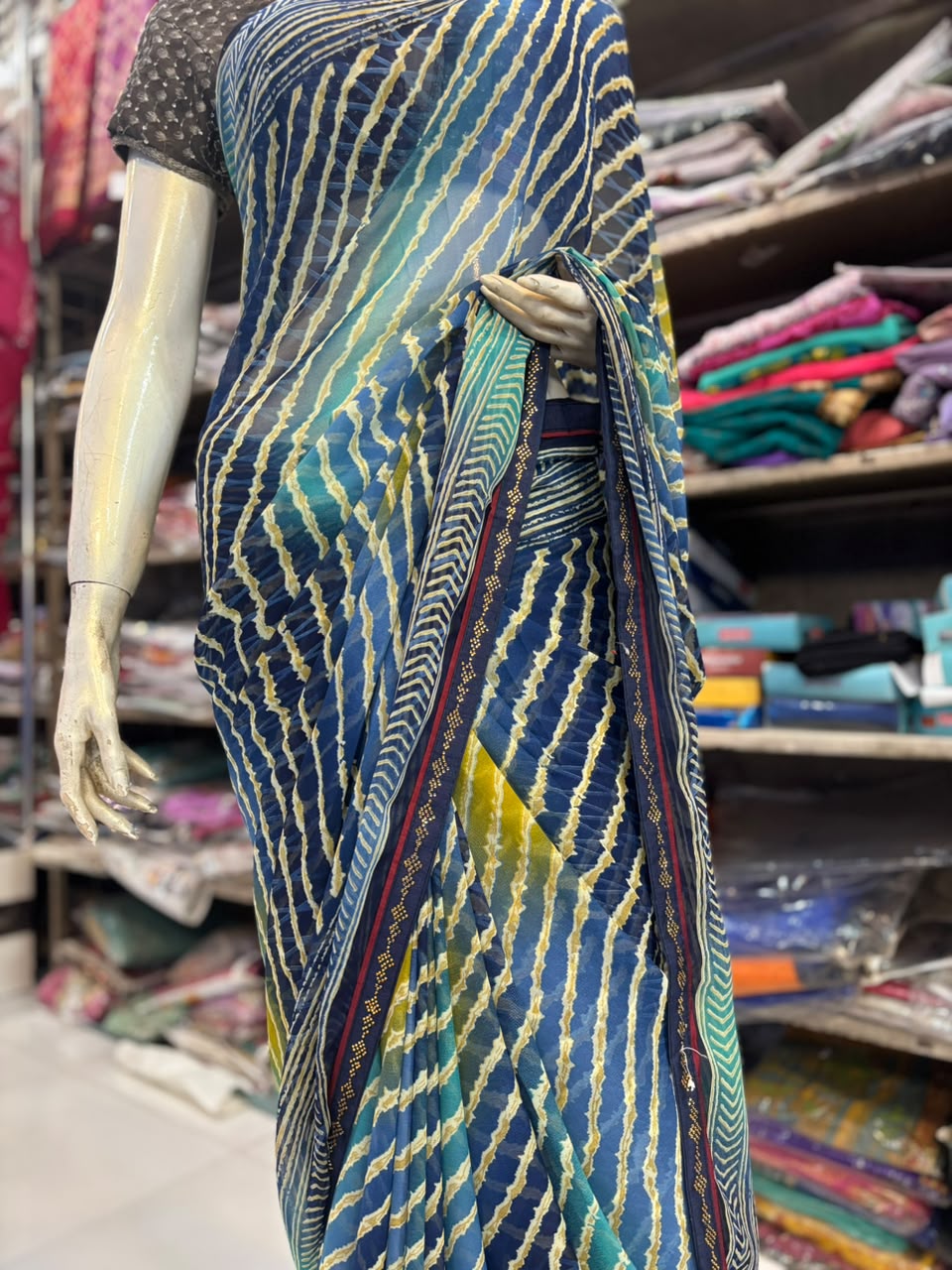 Lehariya Multicolor Printed Saree with Handwork Diamond Work | Lightweight Saree