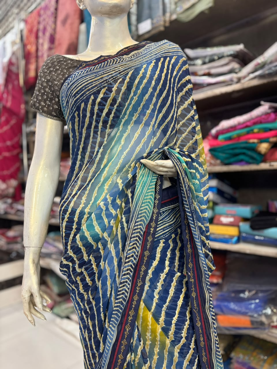 Lehariya Multicolor Printed Saree with Handwork Diamond Work | Lightweight Saree
