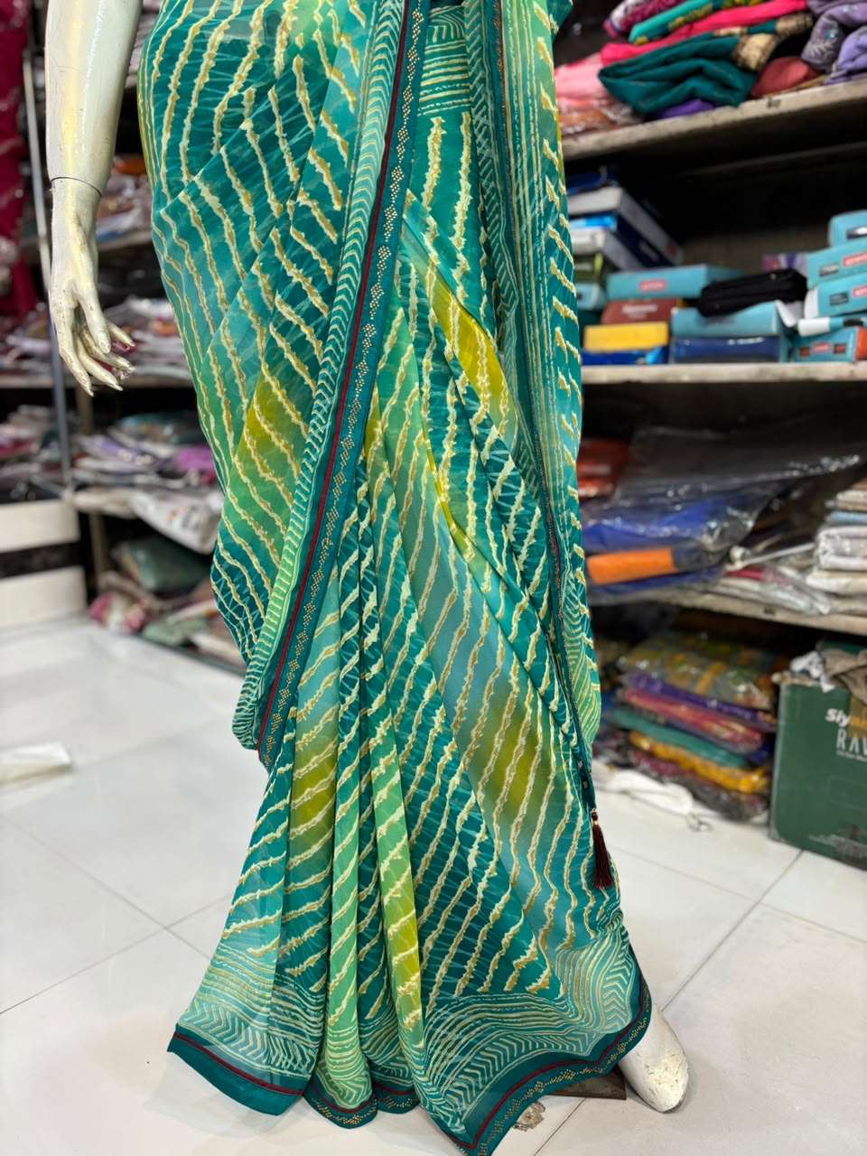 Lehariya Multicolor Printed Saree with Handwork Diamond Work | Lightweight Saree