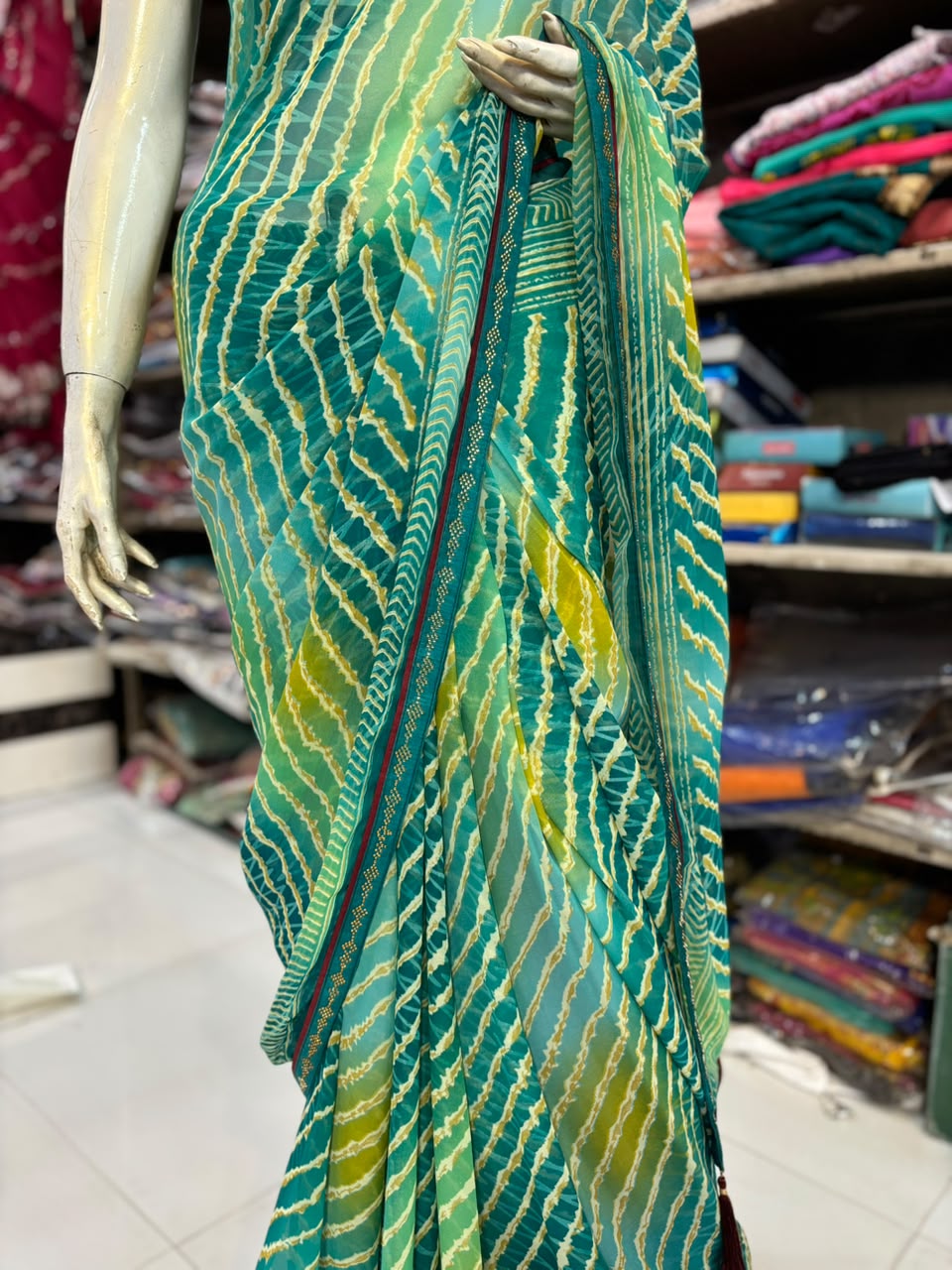 Lehariya Multicolor Printed Saree with Handwork Diamond Work | Lightweight Saree