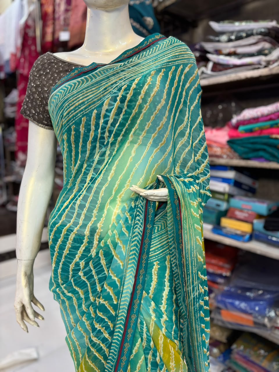 Lehariya Multicolor Printed Saree with Handwork Diamond Work | Lightweight Saree