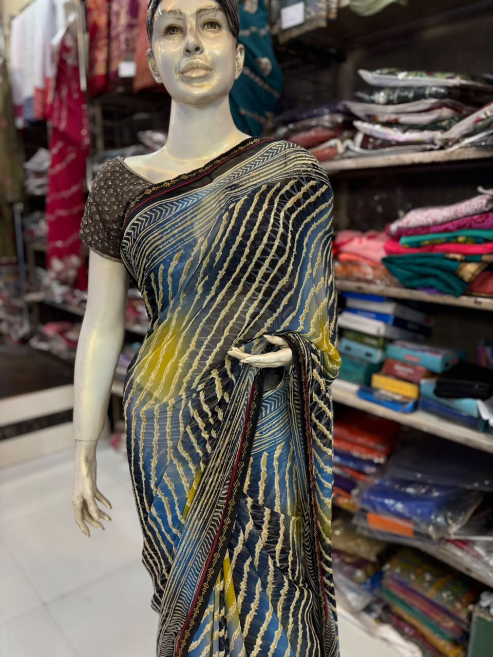 Lehariya Multicolor Printed Saree with Handwork Diamond Work | Lightweight Saree
