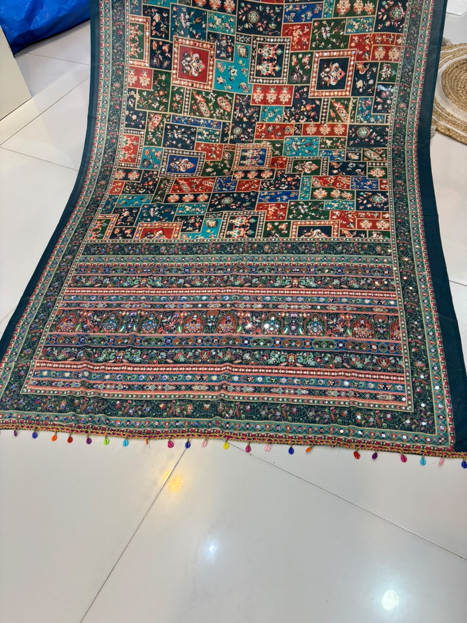 Ajrakh Print Real Mirror Work Fancy Party Wear Saree