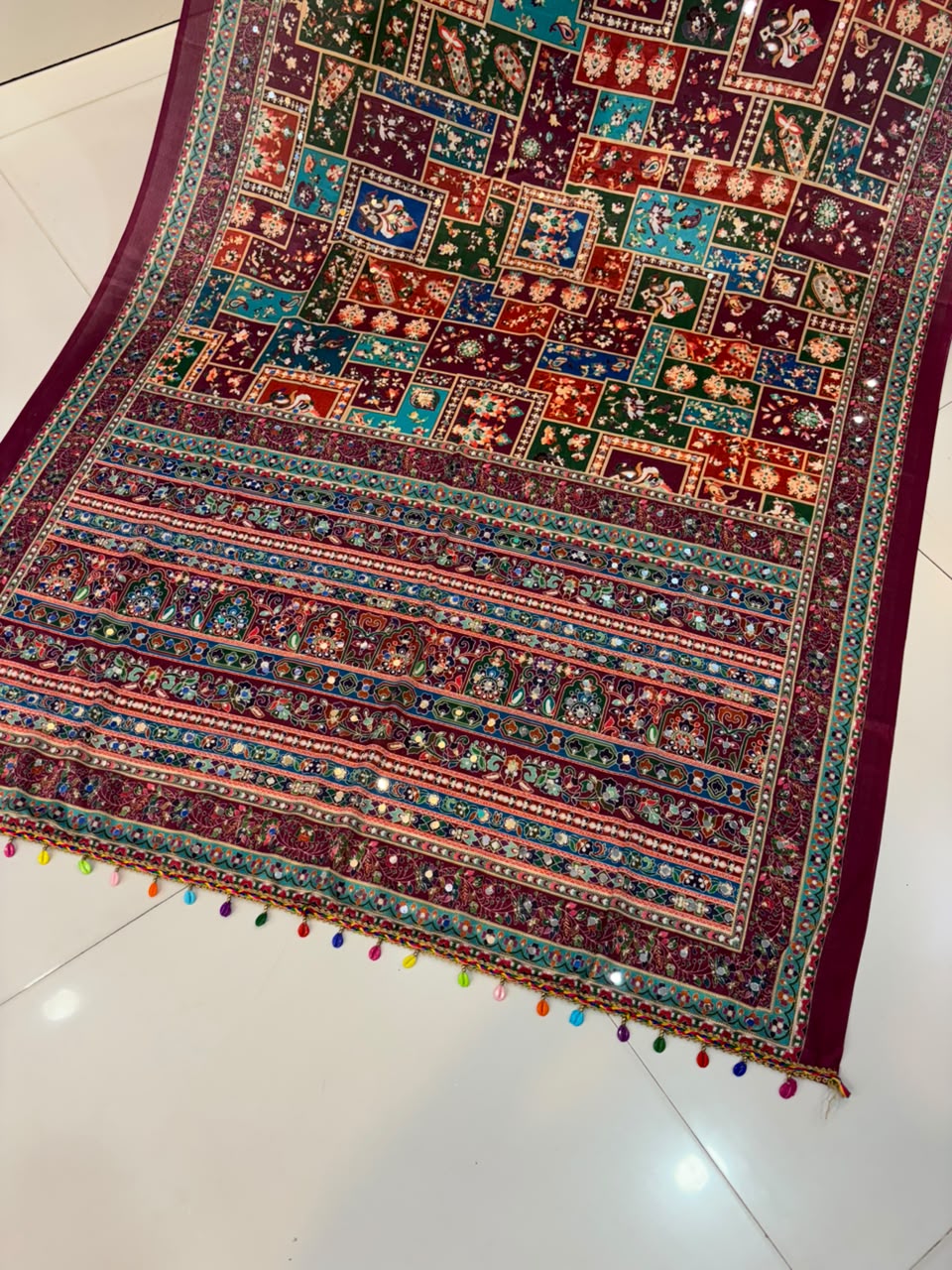 Ajrakh Print Real Mirror Work Fancy Party Wear Saree