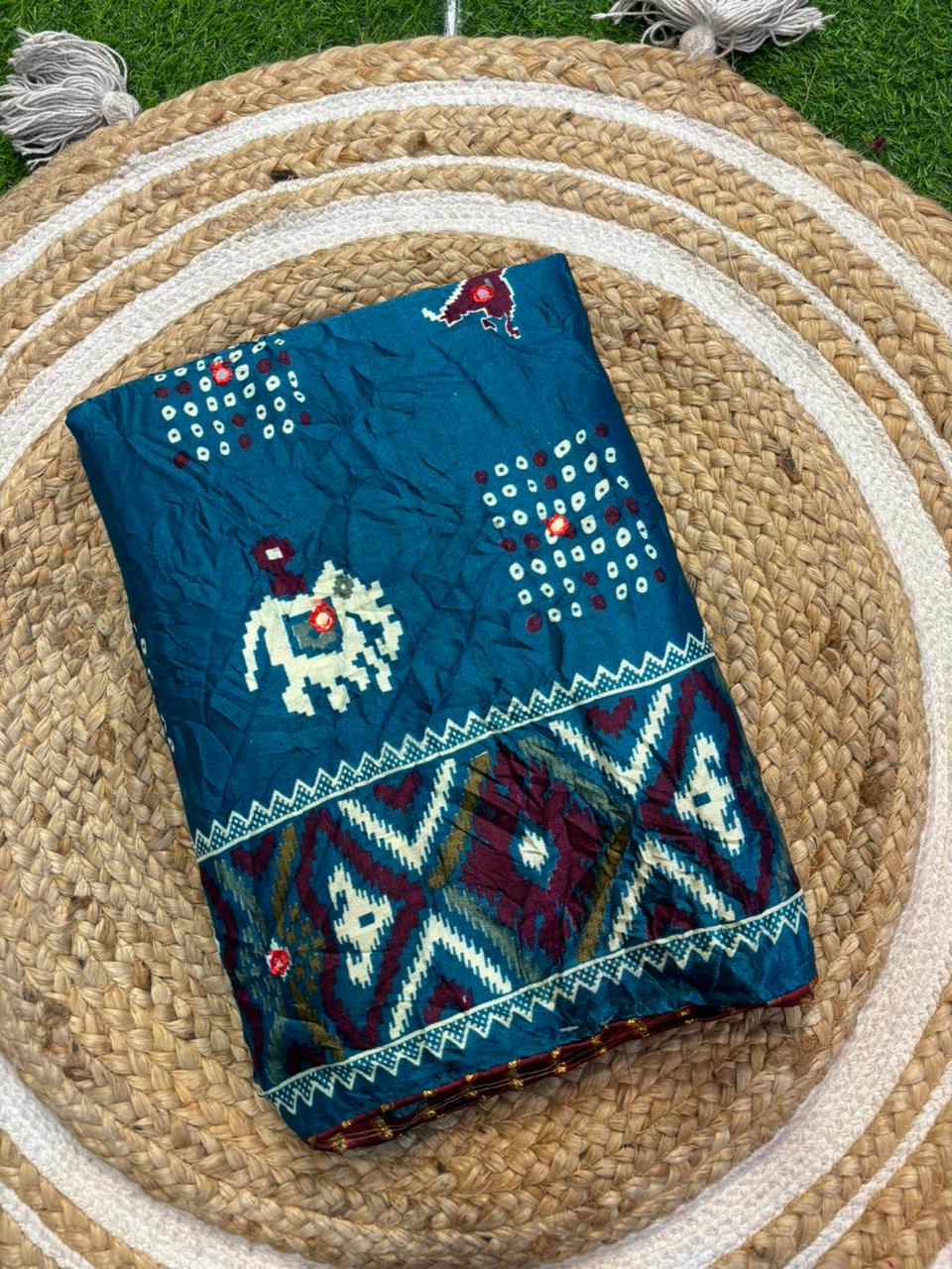 Moss Silk Saree with Embroidery Work & Warli Print