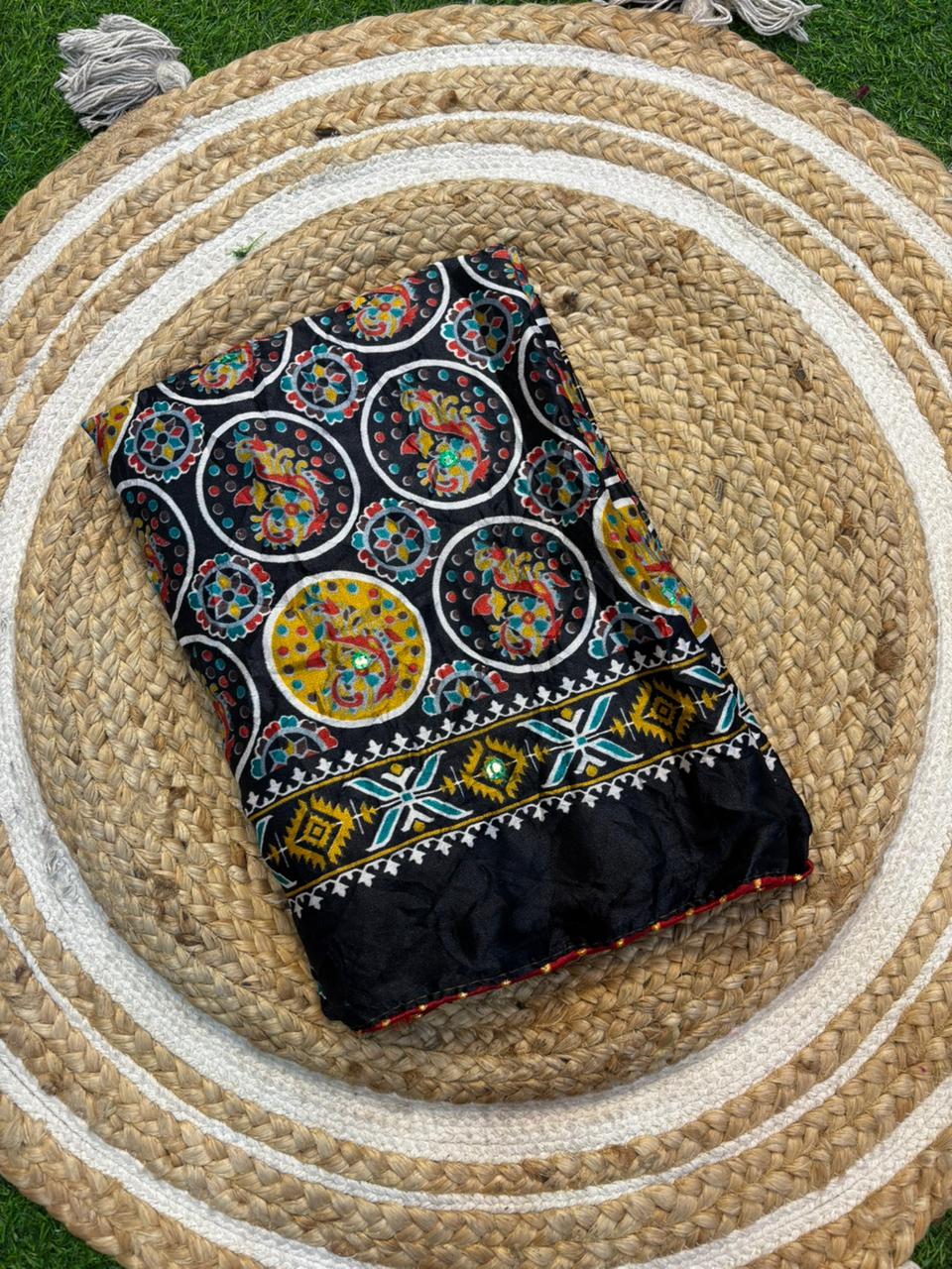 Moss Silk Saree with Embroidery Work & Warli Print